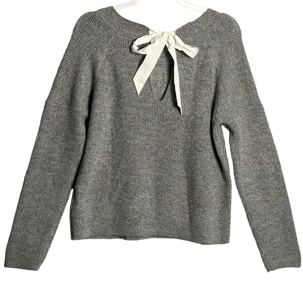 Abercrombie & Fitch Metallic Gray Shimmer Sweater‎ Sz L Bow Back Ribbed Sparkle